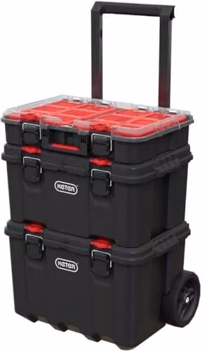 Keter Stack n' Roll Modular DIY Tool Storage System Cart with Wheels, Black and Transparent, Stackable and Lockable