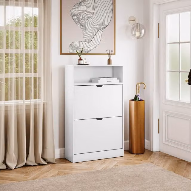 Vida Designs Modern White 2 Drawer Shoe Cabinet with Tilting Compartments and Internal Shelves W/D/H: 60 x 24 x 97 cm