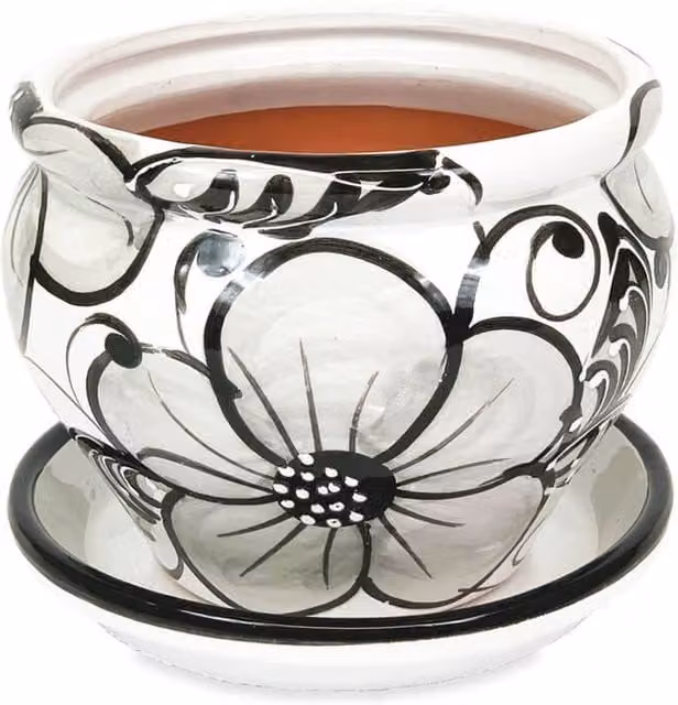 Verano Spanish Ceramics Grey and White Hand Painted Terracotta Bola Pot with Drainage Plate, Diameter: 25 cm