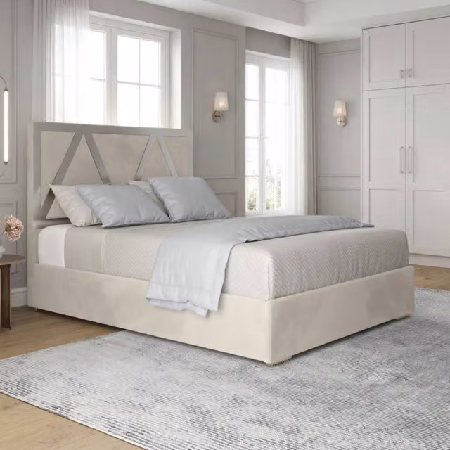 KDMD Eskdale Upholstered Soft Velvet Designer Bed Frame in Beige with Metal Accents, W: 90 cm, D: 190 cm
