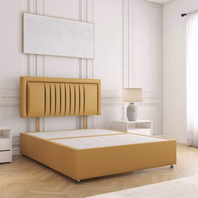 BSSPOKE Canes Divan Bed Frame with 24 inch Plush Velvet Headboard in Mustard Yellow, Super King Size