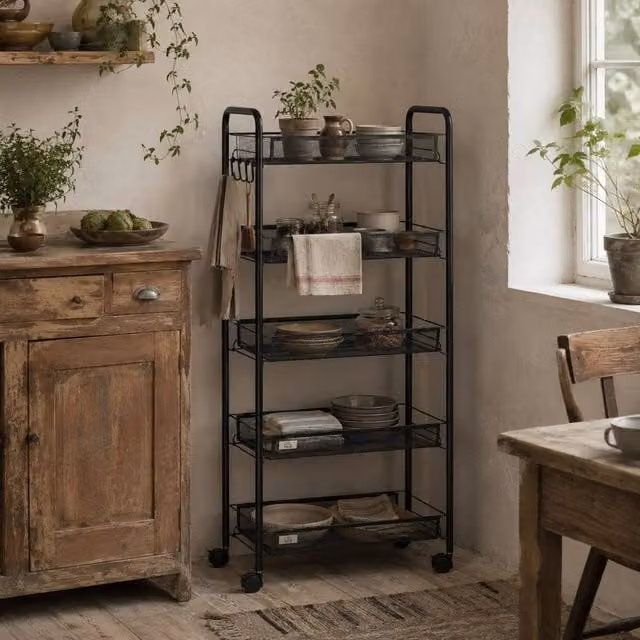 Wyld Haus Velu Metal 5 Basket Rolling Storage Trolley in Black, W/D/H: 45.0 x 26.5 x 106.0 cm