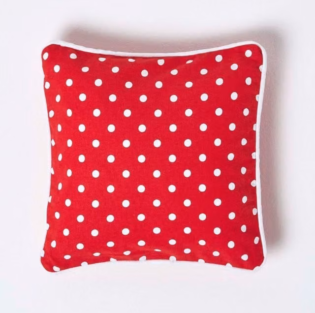 Homescapes Red Dotted Cotton Square Cushion Cover, W/D/H: 30 x 30 x 1 cm