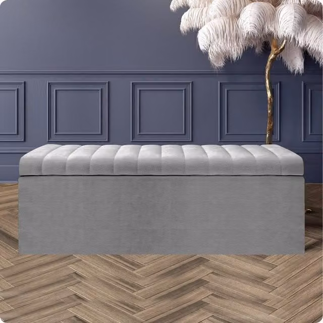 R&M Furnishers Safar Naples Ottoman Storage Box, Grey Striped Velvet Upholstered Blanket Chest and End of Bed Bench