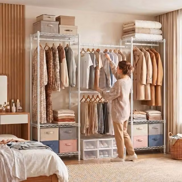 EONLION White Extendable Metal Clothes Rail and Wardrobe Organiser