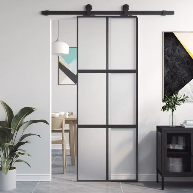 Berkfield Home Minimalist Black Sliding Door in Tempered Glass and Aluminium, W: 76 cm, H: 205 cm