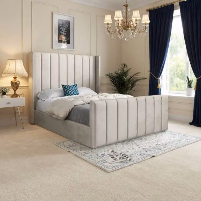 KDMD Sturminster Winged Upholstered Designer Bed Frame in Beige Soft Velvet, W/D/H: 137 x 128 x 120 cm