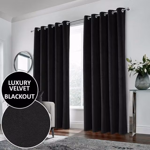 Enhanced Living Blackout Velvet Thermal Insulating Eyelet Curtains, Black, Width: 229 cm, Height: 275 cm