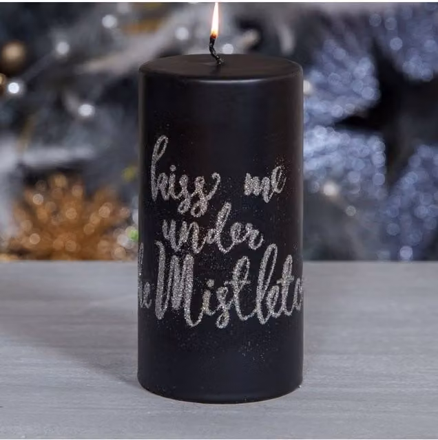 KDMD Kiss Me Under the Mistletoe Black and Silver Pillar Candle