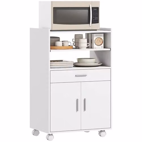 HOMCOM Modern White Kitchen Trolley with Wheels and Hinged Doors, W/D/H: 59 x 40 x 92 cm