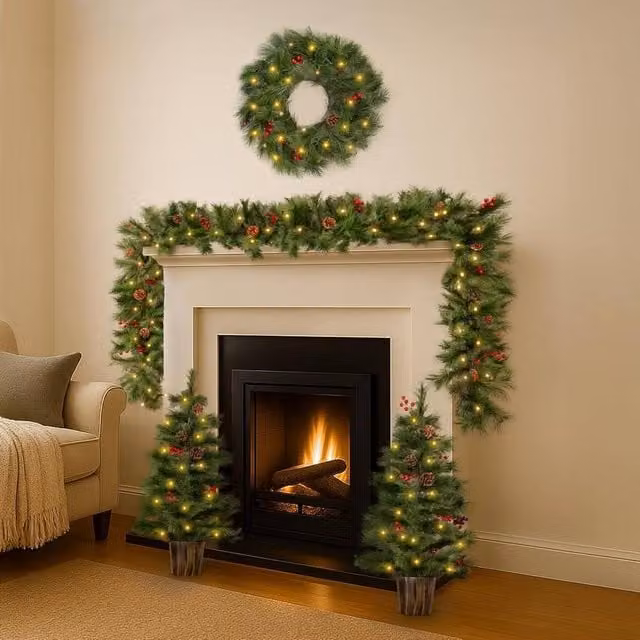 Marco Paul 4pc Pre Lit Pine and Red Berry Christmas Decoration Set in Green and Red