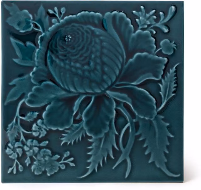 House of Hackney Artemis Rose Relief Euphorbia Floral Glazed Ceramic Tile in Green, W: 15.24 cm x H: 20.0 cm x D: 2.0 cm
