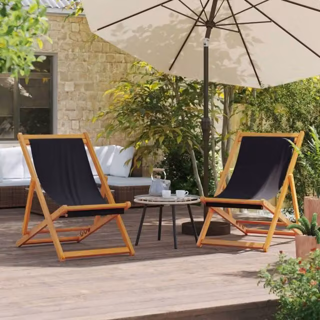 Berkfield Home Set of 2 Folding Beach Chairs in Black UV-Resistant Fabric with Treated Hardwood Frame