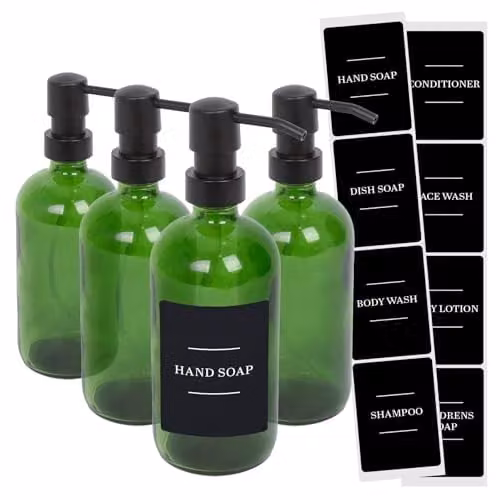 Harbour Housewares Pack of 4 Green Glass Soap Dispensers with Black Labels and Pumps, 500ml