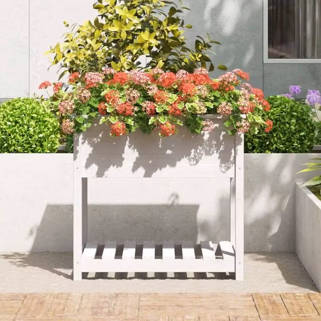 Berkfield Home White Solid Wood Pine Planter with Shelf, W: 82.5 cm, D: 54 cm, H: 81 cm