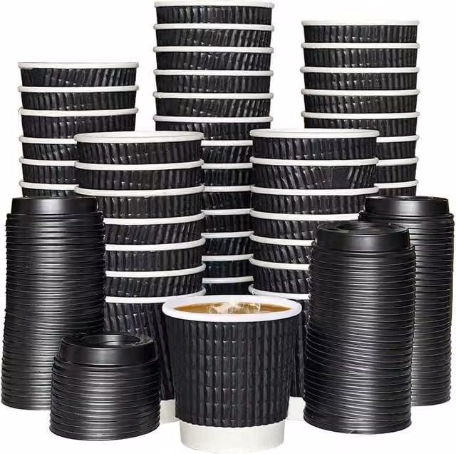 ECONX 100 Black Triple Layer Ripple Paper Coffee Cups with Lids, 4oz