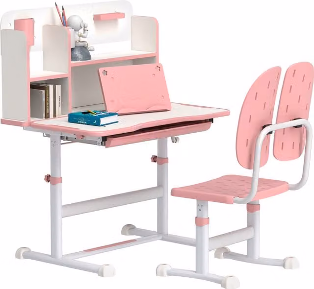 AIYAPLAY Height Adjustable Kids Desk and Chair Set with Tiltable Desktop and Reading Rack, Pink