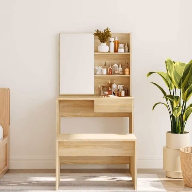 Berkfield Home Modern Dressing Table with Mirror in Sonoma Oak and Beige, W: 74.5 cm, D: 40 cm, H: 141 cm