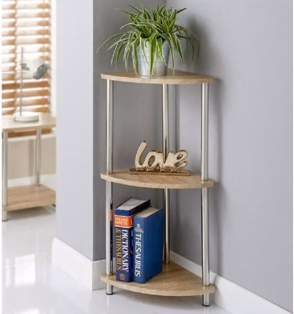 SPOT ON DEALZ 3 Tier Corner Shelving Unit in Light Oak with Stainless Steel Legs