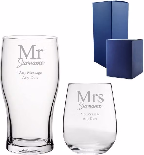 Uniqueful Personalised Mr & Mrs Stemless Wine Glass Set in Clear Glass