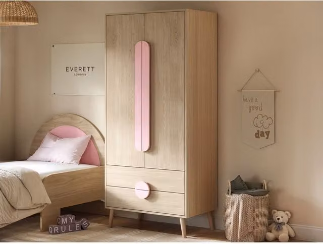 Flair Furnishings Noah 2 Door Wardrobe with 2 Drawers and Soft Close Doors, Pink