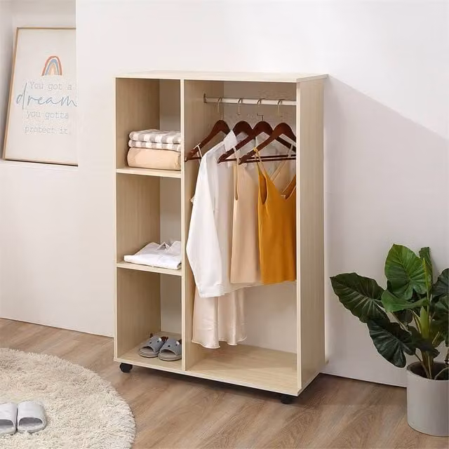 KORVIXA Light Maple Open Wardrobe on Wheels in Light Oak, Beige, W: 100 cm, H: 128 cm