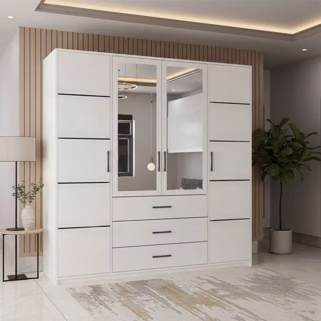 Sliding Wardrobes 4u Modern 4 Door Hinged Wardrobe in White with Internal Drawers, Shelves and Mirror, H 203 cm x W 58 cm x D 58 cm