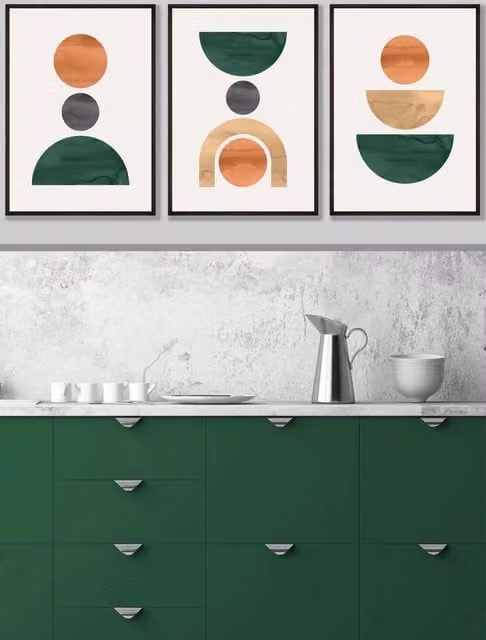 ARTZE Set of 3 Mid Century Abstract Graphical Shapes Wall Art in Green, Orange, Yellow and Grey with Black Wood Frames, W: 33 cm, H: 45 cm, D: 2 cm