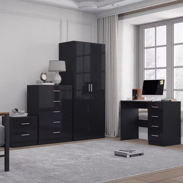 REFLECT Modern Bedroom Furniture Bundle in Black Gloss and Matt Black, including 2-Door Wardrobe, Chest of Drawers, Bedside Table and Desk