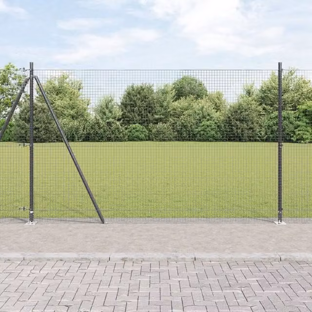 Berkfield Home Welded Wire Fence with 7 Flanged Posts, Grey Steel, W: 10 m, H: 1.4 m