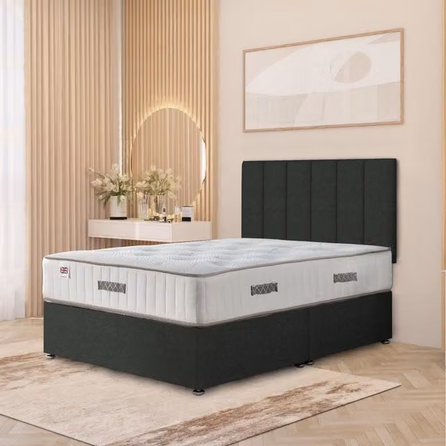Somnior Beds Ltd Austin Linen Fabric Storage Divan Bed Hybrid Orthopaedic Mattress with 32 inch Headboard, Anthracite Grey, W/D/H: 90 x 190 cm