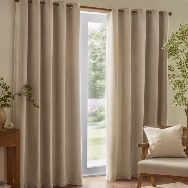 Make It A Home Heavy Chenille Velvet Room Darkening Eyelet Curtains in Yellow Beige, W: 137 cm, H: 229 cm