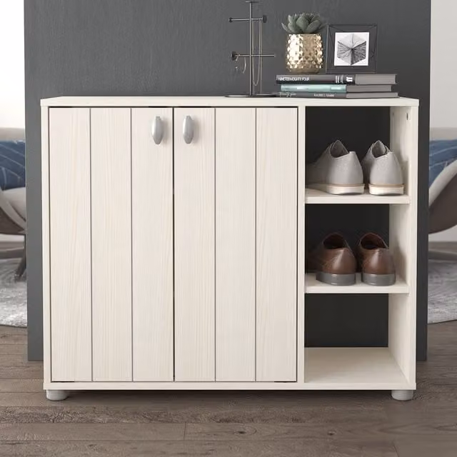 GFW Bideford Modern White Matt MDF Shoe Cabinet with Hinged Doors and Open Shelf