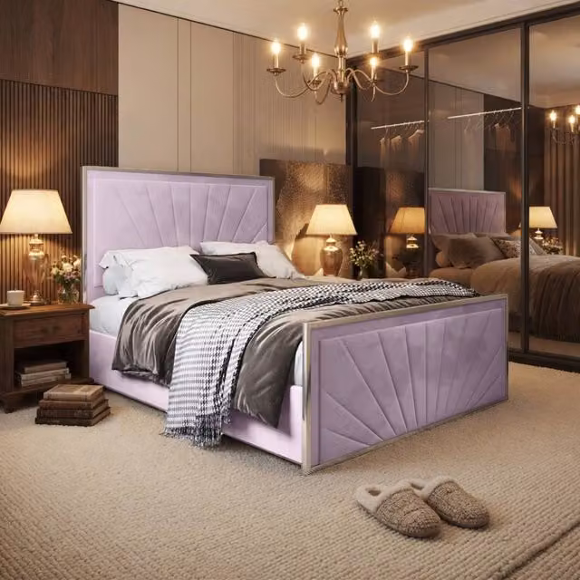 KDMD Waddington Double Velvet Upholstered Metal Bed Frame in Pink, W/D/H: 137 x 140 x 135 cm