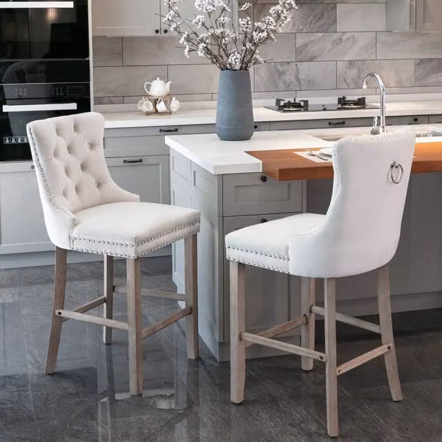 HomeTouch Set of 2 Velvet Upholstered Bar Stools in Beige