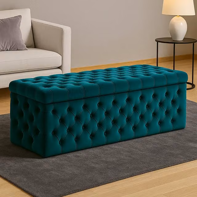 R&M Furnishers Wide Lux Chesterfield Ottoman Storage Box in Green Velvet