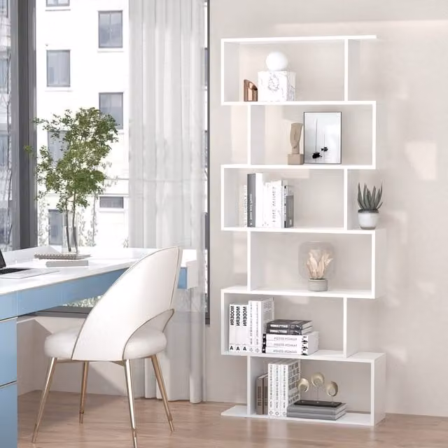 HOMCOM 6-Tier Modern S-Shape Storage Shelf in White, H 192 x W 60 x D 23 cm
