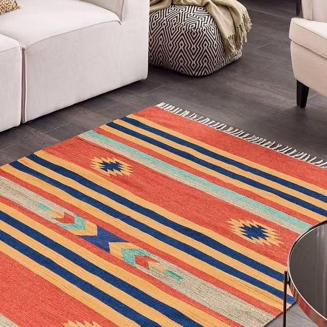 Wyld and Coco Multicolour Kilim Handwoven Cotton Rug, Reversible Flat Weave with Fringes, W: 140 cm, L: 200 cm