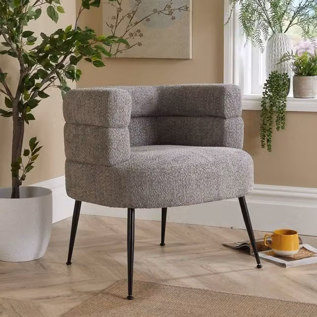 Home Source Barrel Boucle Teddy Fur Accent Chair in Light Grey with Metal Frame