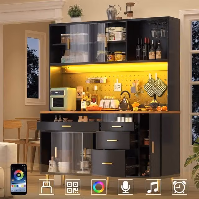 BTM Black Matt Highboard with Integrated LED Lighting, Glass Sliding Doors, Bottle Rack and Glass Holder, H: 171.0 cm, W: 64.6 cm, D: 39.0 cm