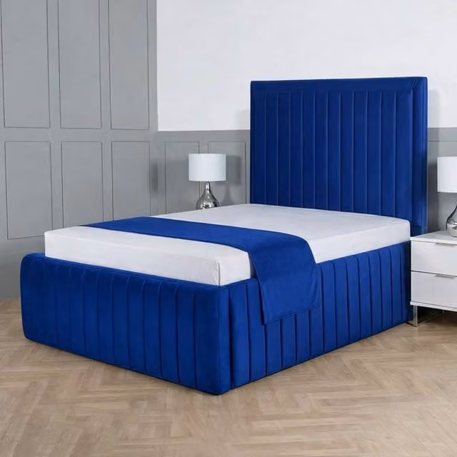Living Comfort Bedz Saint Germain Plush Upholstered Bed with Slatted Base and 48 Inch Headboard in Blue, Super King Size
