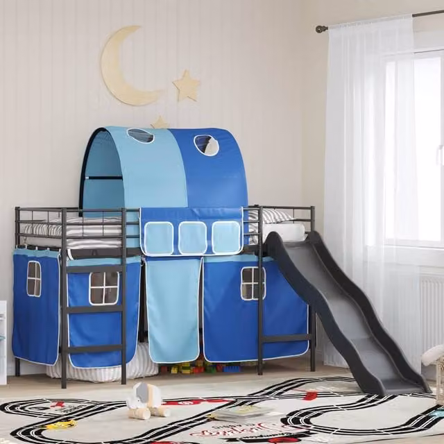 Berkfield Home Kids' Metal Loft Bed Frame in Black and Blue, W/D/H: 90 x 190 cm