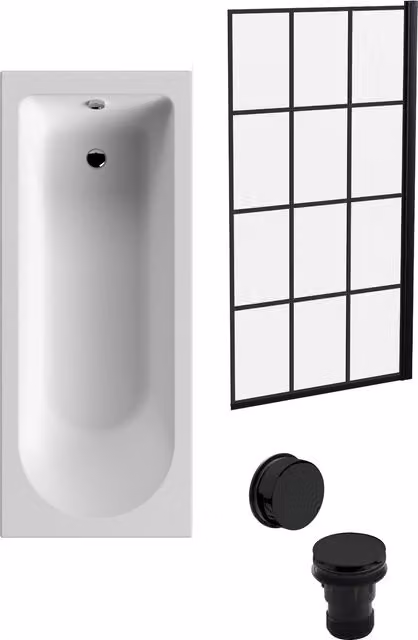 Balterley Round Floor Standing Bath Set in White with Black Square Screen and Black Waste, W/D/H: 170 x 70 x 3 cm