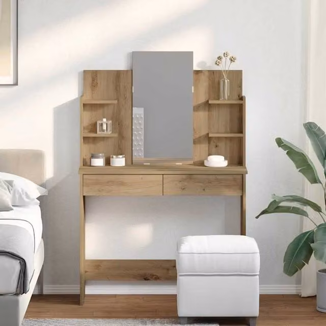 Berkfield Home Beautiful Dressing Table with Mirror in Artisan Oak Brown, W/D/H: 96 x 39 x 142 cm