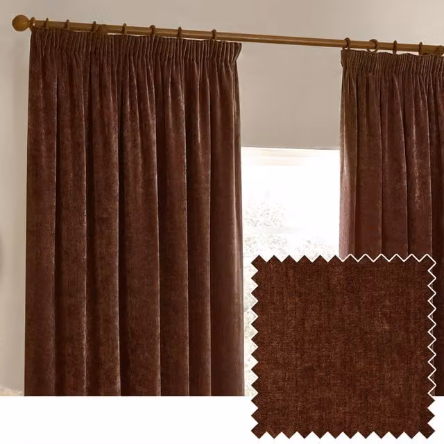 Make It A Home Nutmeg Brown Chenille Velvet Pencil Pleat Opaque Curtains, Height: 229 cm