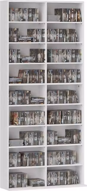 Rolipo 640 CD Media Storage Tower in White with Adjustable Shelves and Media Compartments