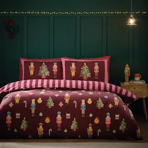 Catherine Lansfield Christmas Nutcracker Stripe Reversible Duvet Cover and Pillowcase Set, Plum