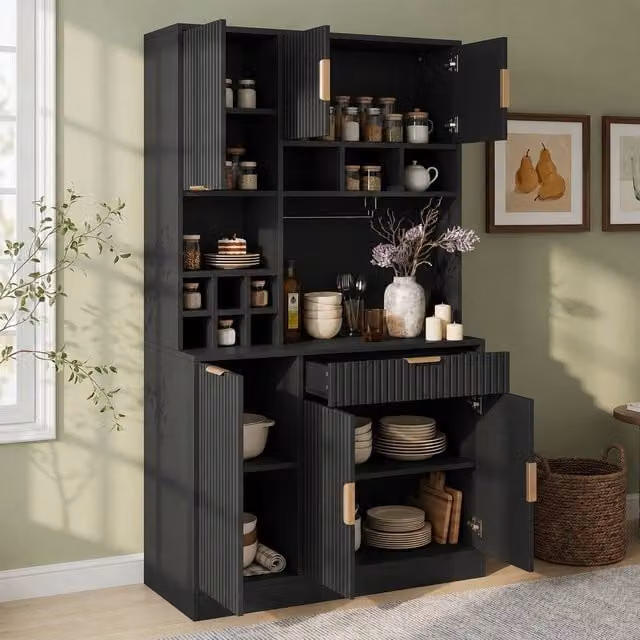 BTM Black Tall Kitchen Sideboard with USB, Wine Rack and Glass Holder, W/D/H: 100 x 40 x 175 cm