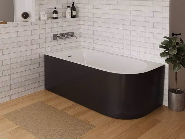 Vente-unique Glossy Black Left Angle Corner Bathtub with Apron, W/D/H: 170 x 75 x 58 cm