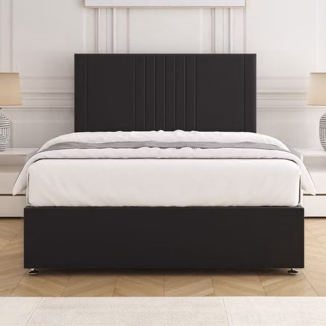 BSSPOKE Monaco Velvet Plush Small Double Divan Bed Set with 24 inch Headboard and Mattress in Black, W/D/H: 120 x 200 cm
